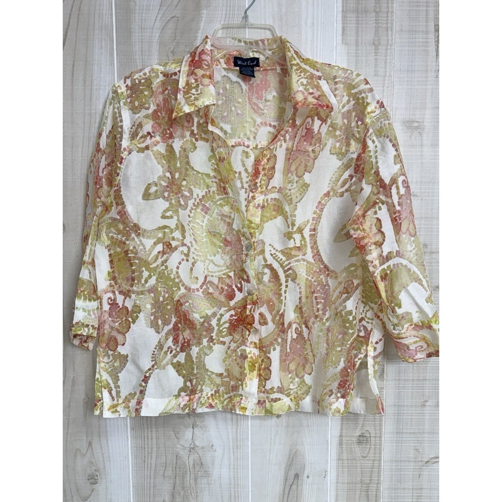 West End Y2K Gypsy Poet Chiffon Organza Lightweight Floral Blouse Sheer Shirt L